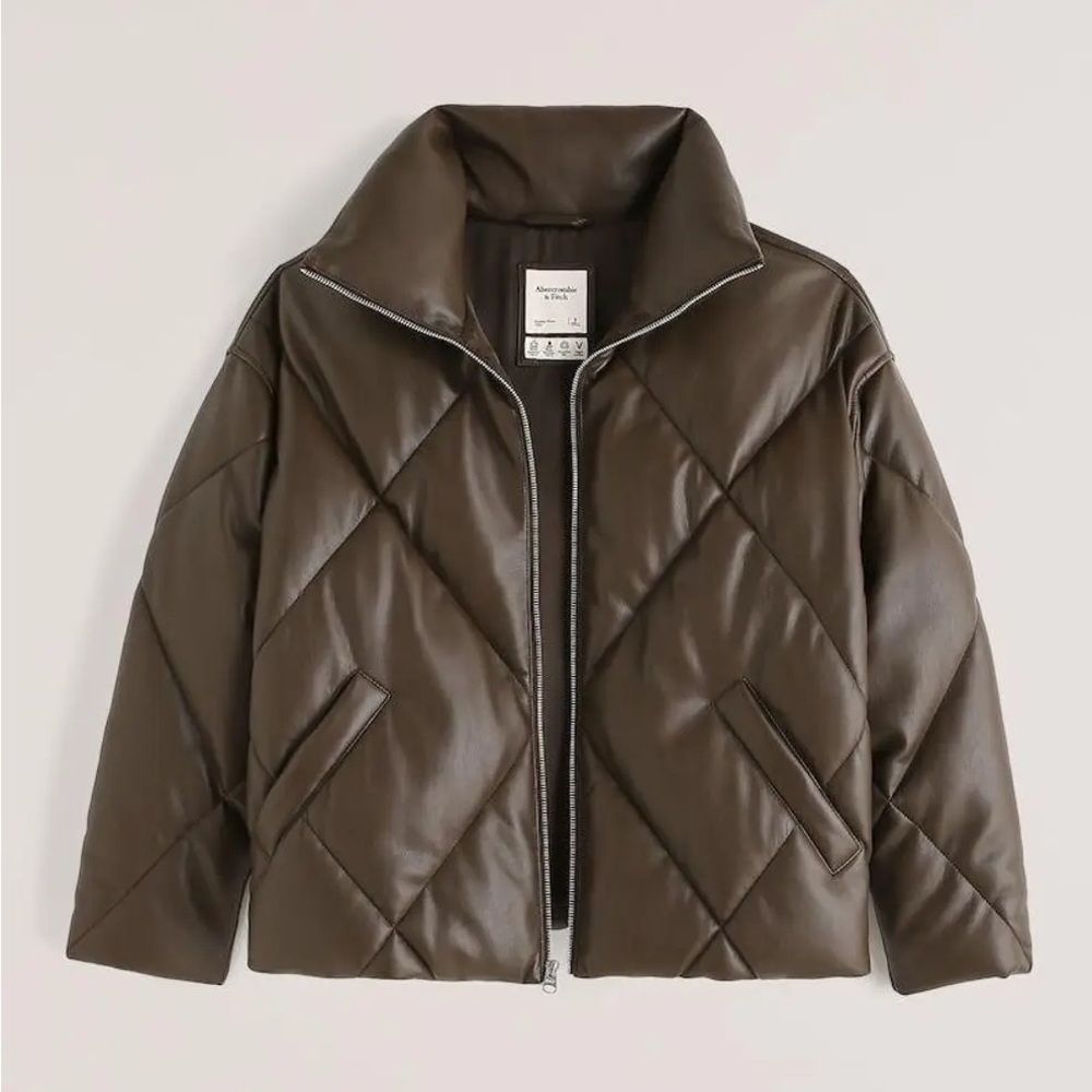 Abercrombie Womens Oversized Vegan Leather Brown Quilted Puffer Jacket Medium